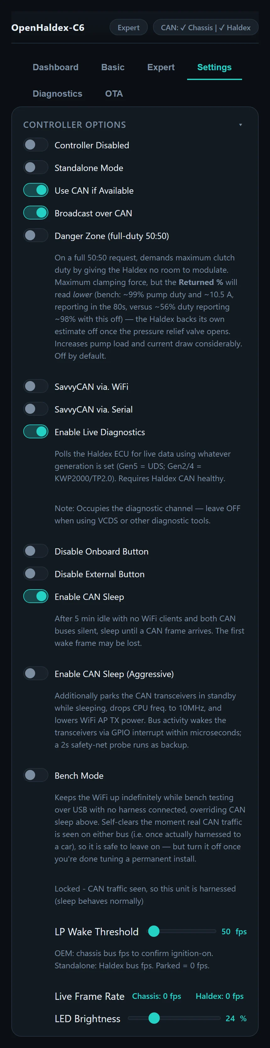 Controller options toggles including Danger Zone, CAN Sleep and Bench Mode