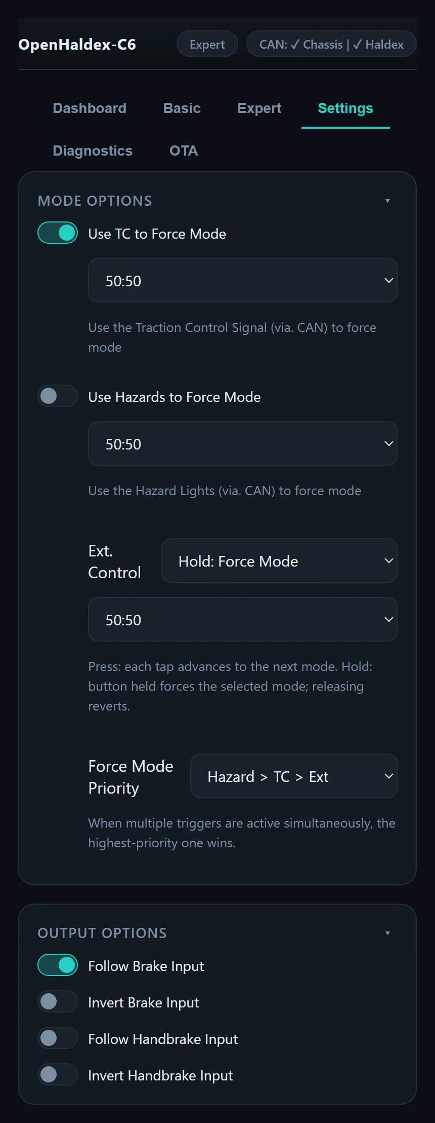 Mode options with TC, hazard and external control force modes and a priority setting